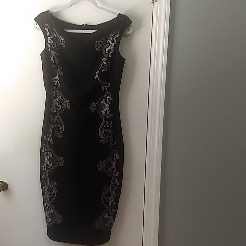 JAX Fitted Black Embroidered Midi Sheath Dress